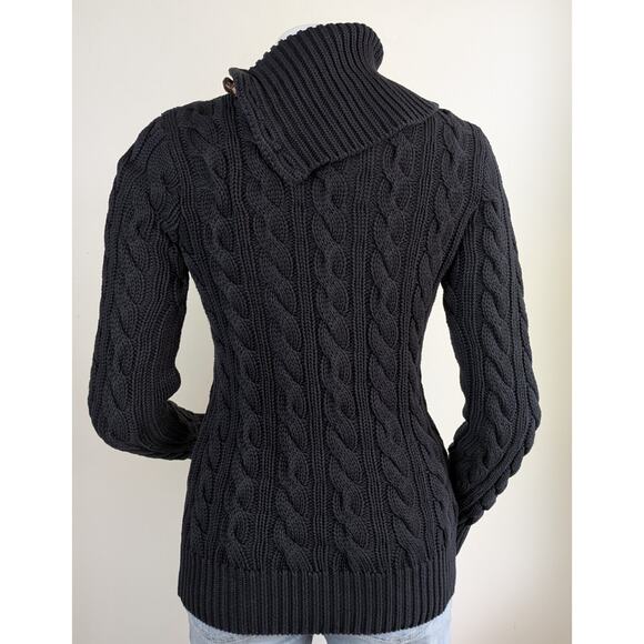 Ralph Lauren Womens Sweater Small Black Cable Knit Turtleneck Leather Buttons - Picture 8 of 10